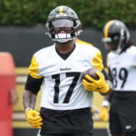 Jun 9, 2026; Pittsburgh, PA, USA; Pittsburgh Steelers wide receiver Germie Bernard (17) participates in drills during Minicamp at UPMC Rooney Sports Complex. Mandatory Credit: Charles LeClaire-Imagn Images