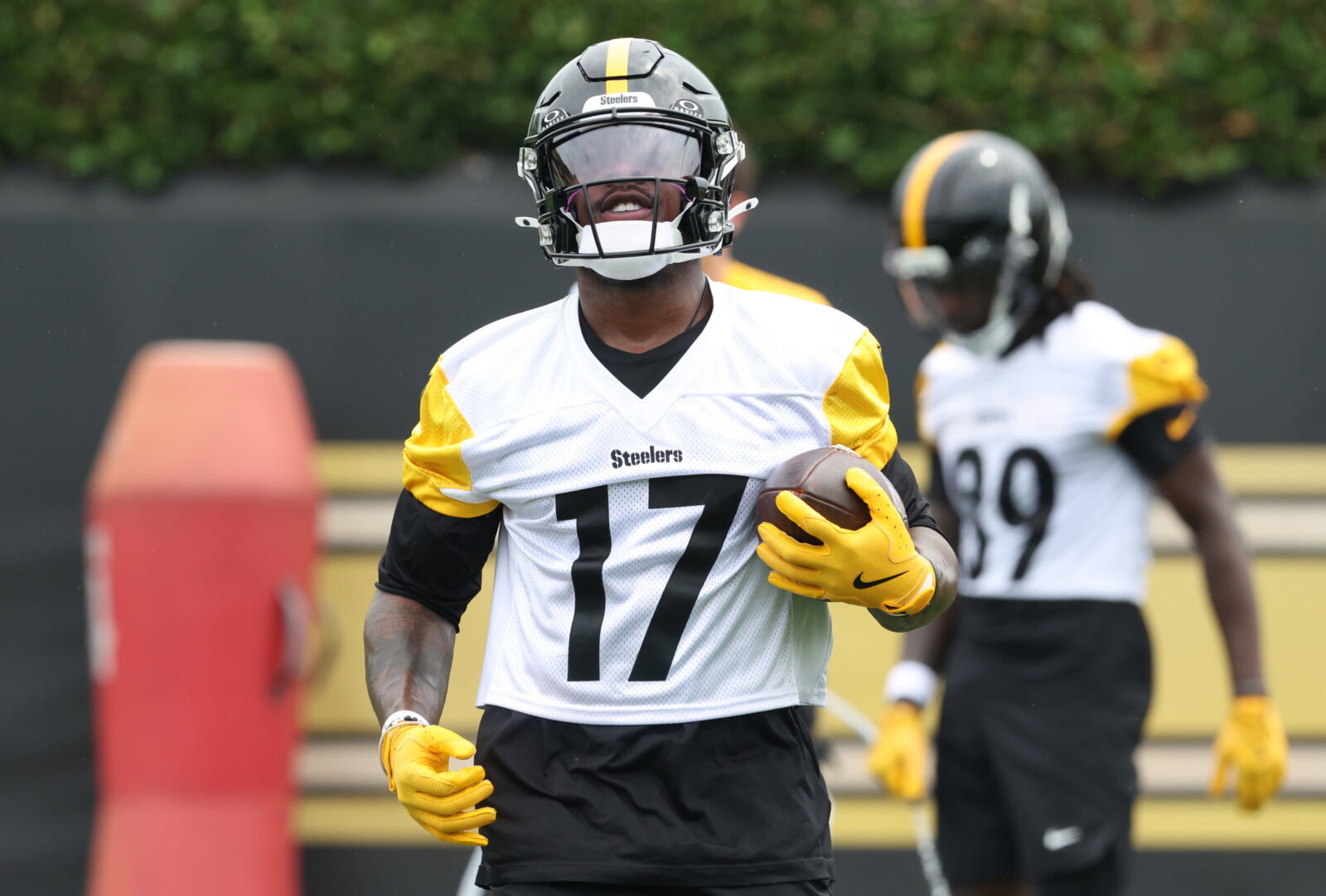 Jun 9, 2026; Pittsburgh, PA, USA; Pittsburgh Steelers wide receiver Germie Bernard (17) participates in drills during Minicamp at UPMC Rooney Sports Complex. Mandatory Credit: Charles LeClaire-Imagn Images