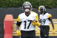 Jun 9, 2026; Pittsburgh, PA, USA; Pittsburgh Steelers wide receiver Germie Bernard (17) participates in drills during Minicamp at UPMC Rooney Sports Complex. Mandatory Credit: Charles LeClaire-Imagn Images