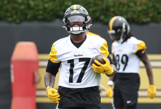 Jun 9, 2026; Pittsburgh, PA, USA; Pittsburgh Steelers wide receiver Germie Bernard (17) participates in drills during Minicamp at UPMC Rooney Sports Complex. Mandatory Credit: Charles LeClaire-Imagn Images