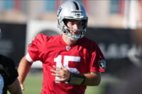Jun 9, 2026; Henderson, NV, USA; Las Vegas Raiders quarterback Fernando Mendoza (15) runs during minicamp at Intermountain Health Performance Center. Mandatory Credit: Kirby Lee-Imagn Images