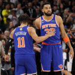 Jun 13, 2026; San Antonio, Texas, USA; New York Knicks guard Jalen Brunson (11) and New York Knicks center Karl-Anthony Towns (32) are seen prior to game five of the 2026 NBA Finals against the San Antonio Spurs at Frost Bank Center. Mandatory Credit: Geoff Burke-Imagn Images