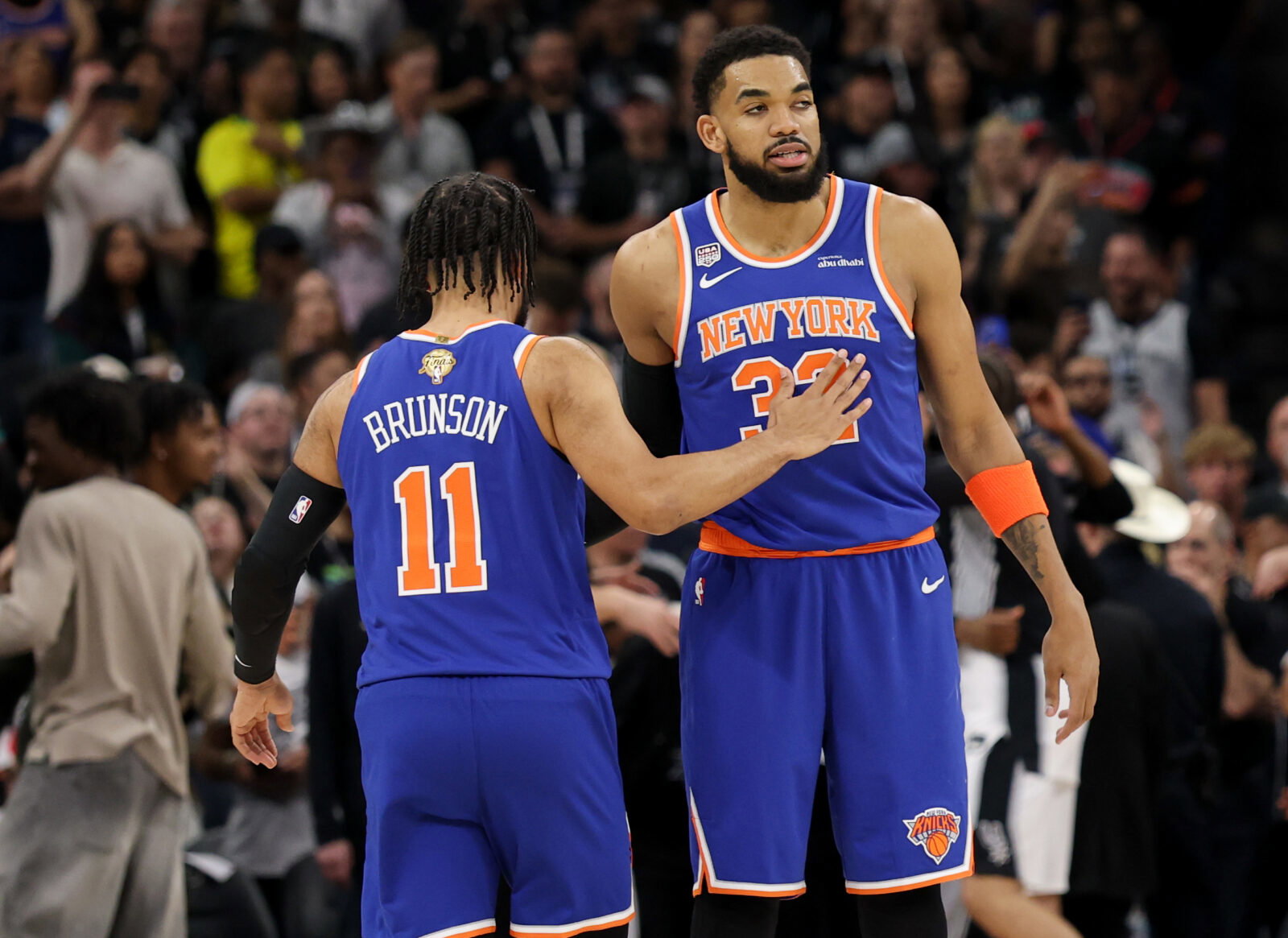 Jun 13, 2026; San Antonio, Texas, USA; New York Knicks guard Jalen Brunson (11) and New York Knicks center Karl-Anthony Towns (32) are seen prior to game five of the 2026 NBA Finals against the San Antonio Spurs at Frost Bank Center. Mandatory Credit: Geoff Burke-Imagn Images
