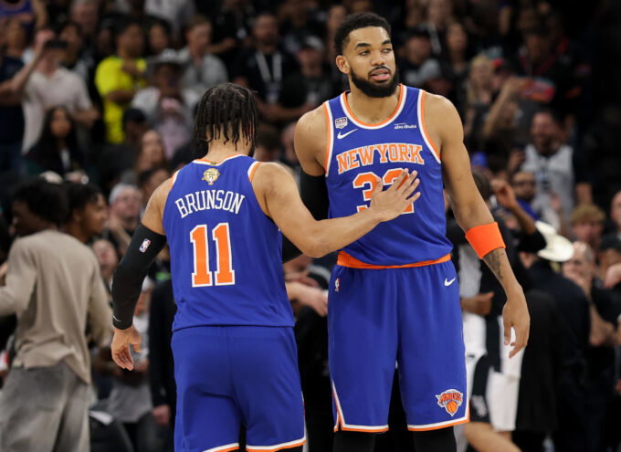 Jun 13, 2026; San Antonio, Texas, USA; New York Knicks guard Jalen Brunson (11) and New York Knicks center Karl-Anthony Towns (32) are seen prior to game five of the 2026 NBA Finals against the San Antonio Spurs at Frost Bank Center. Mandatory Credit: Geoff Burke-Imagn Images