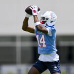 Jun 16, 2026; Nashville, TN, USA; Tennessee Titans wider receiver Carnell Tate (14) makes a catch during day 1 of mini-camp at Vanderbilt Health Football Center. Mandatory Credit: Steve Roberts-Imagn Images
