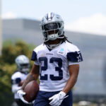 Jun 16, 2026; Dallas, TX, USA; Dallas Cowboys running back Jaydon Blue (23) goes through a drill during practice at the Ford Center at the Star Training Facility in Frisco, Texas. Mandatory Credit: Chris Jones-Imagn Images