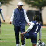 Jun 16, 2026; Dallas, TX, USA; Dallas Cowboys defensive coordinator Christian Parker speaks with wide receiver PJ Locke (1) during practice at the Ford Center at the Star Training Facility in Frisco, Texas. Mandatory Credit: Chris Jones-Imagn Images