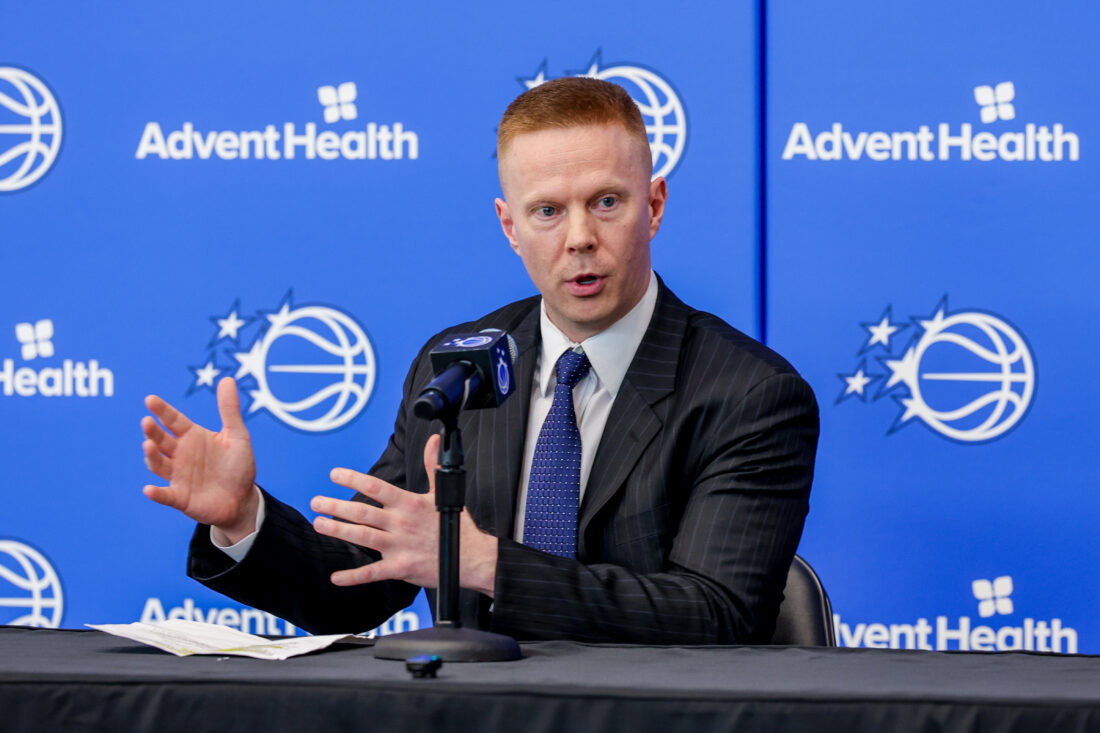 JJun 18, 2026; Orlando, FL, USA; Orlando Magic head coach Sean Sweeney takes media questions during a press conference at AdventHealth Training Center. Mandatory Credit: Mike Watters-Imagn Images