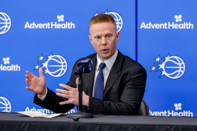 JJun 18, 2026; Orlando, FL, USA; Orlando Magic head coach Sean Sweeney takes media questions during a press conference at AdventHealth Training Center. Mandatory Credit: Mike Watters-Imagn Images