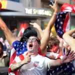 Devin Brown goes nuts when the USA team scores against Bosnia and Herzegovina in the World Cup. July 1, 2026. Photo Credit: Scott Utterback/Courier Journal/USA TODAY via Imagn Images