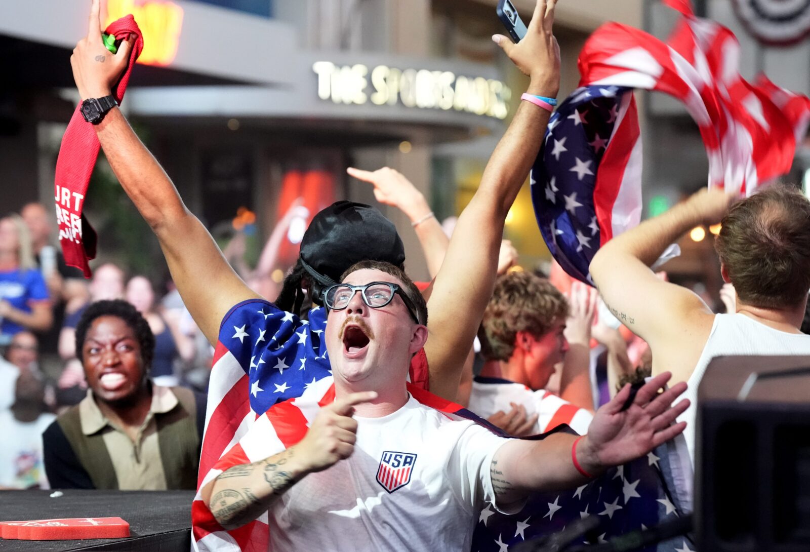 Devin Brown goes nuts when the USA team scores against Bosnia and Herzegovina in the World Cup. July 1, 2026. Photo Credit: Scott Utterback/Courier Journal/USA TODAY via Imagn Images