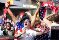 Devin Brown goes nuts when the USA team scores against Bosnia and Herzegovina in the World Cup. July 1, 2026. Photo Credit: Scott Utterback/Courier Journal/USA TODAY via Imagn Images