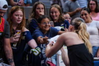 Jul 2, 2026; Hartford, Connecticut, USA; Dallas Wings guard Paige Bueckers (5) signs autographs after warming up before the start of the game against the Connecticut Sun at PeoplesBank Arena. Mandatory Credit: David Butler II-Imagn Images