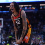 Jul 2, 2026; Hartford, Connecticut, USA; Connecticut Sun center Brittney Griner (42) reacts after a play against the Dallas Wings in the second half at PeoplesBank Arena. Mandatory Credit: David Butler II-Imagn Images
