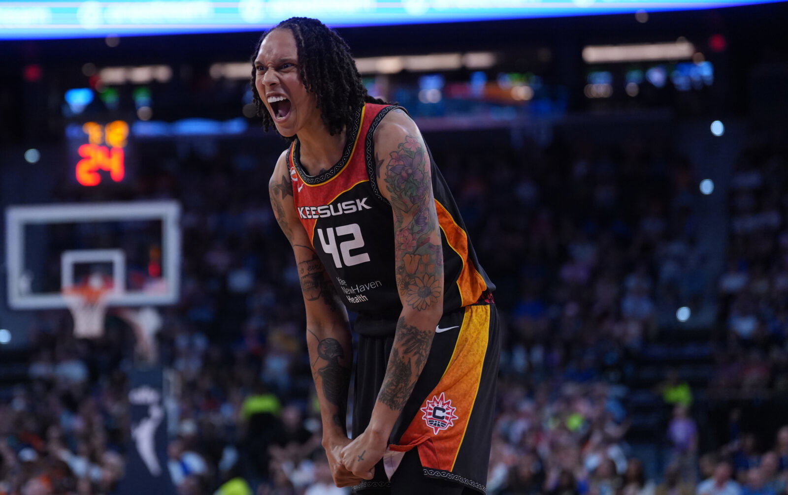 Jul 2, 2026; Hartford, Connecticut, USA; Connecticut Sun center Brittney Griner (42) reacts after a play against the Dallas Wings in the second half at PeoplesBank Arena. Mandatory Credit: David Butler II-Imagn Images