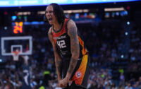 Jul 2, 2026; Hartford, Connecticut, USA; Connecticut Sun center Brittney Griner (42) reacts after a play against the Dallas Wings in the second half at PeoplesBank Arena. Mandatory Credit: David Butler II-Imagn Images