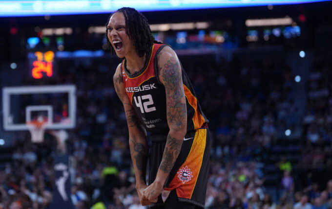 Jul 2, 2026; Hartford, Connecticut, USA; Connecticut Sun center Brittney Griner (42) reacts after a play against the Dallas Wings in the second half at PeoplesBank Arena. Mandatory Credit: David Butler II-Imagn Images