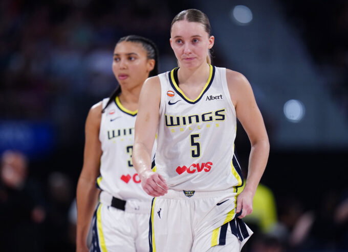 ul 2, 2026; Hartford, Connecticut, USA; Dallas Wings guard Paige Bueckers (5) and guard Azzi Fudd (35) on the court against the Connecticut Sun in the second half at PeoplesBank Arena. Mandatory Credit: David Butler II-Imagn Images