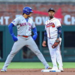 Jul 6, 2026; Cumberland, Georgia, USA; New York Mets left fielder Juan Soto (22) steals second base against Atlanta Braves second baseman Ozzie Albies (1) during the first inning at Truist Park. Mandatory Credit: Jordan Godfree-Imagn Images