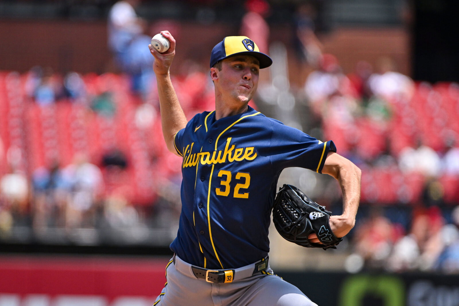 Jul 7, 2026; St. Louis, Missouri, USA; Milwaukee Brewers starting pitcher Jacob Misiorowski (32) pitches against the St. Louis Cardinals during the fourth inning at Busch Stadium. Mandatory Credit: Jeff Curry-Imagn Images