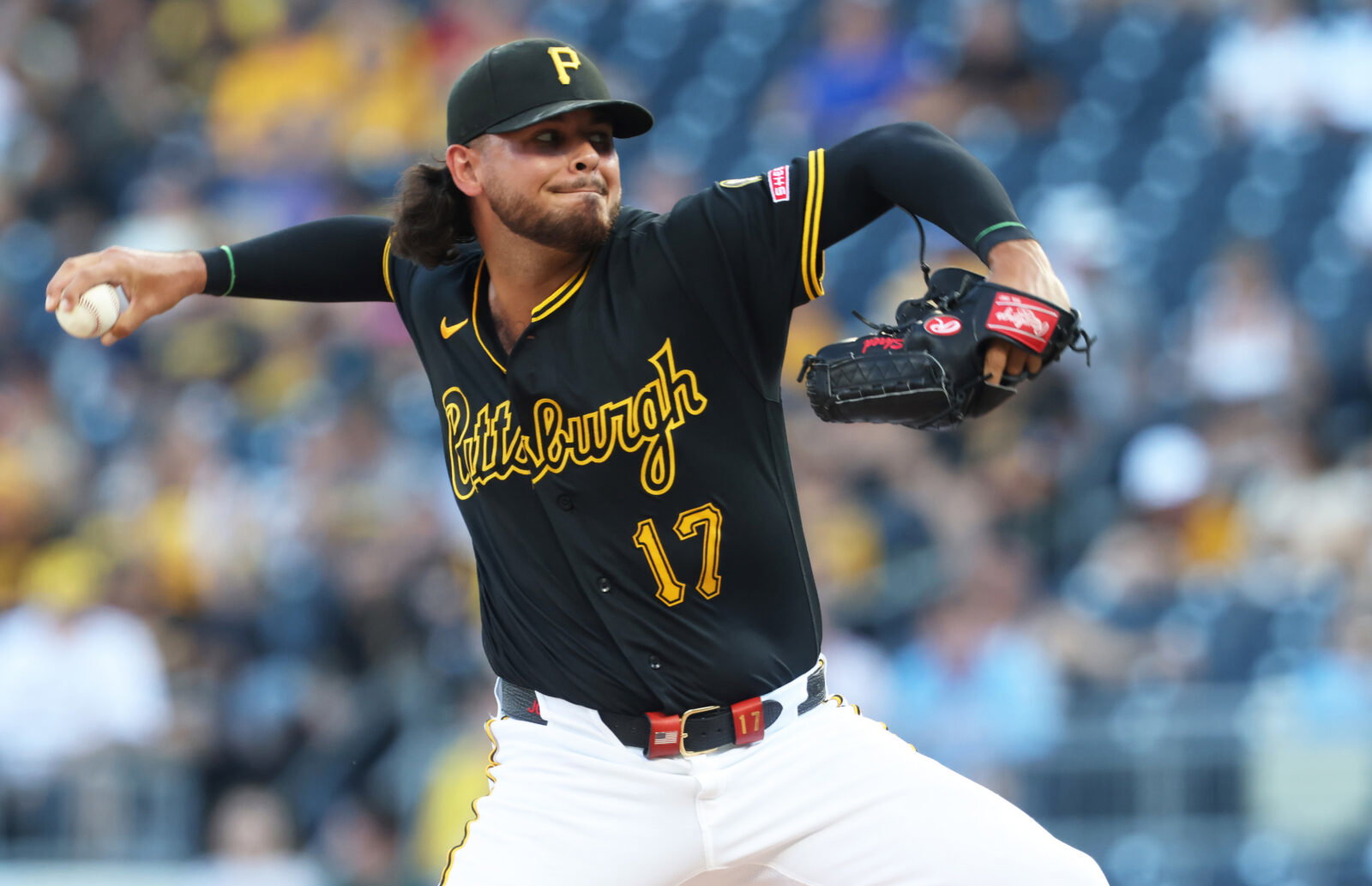 Jul 8, 2026; Pittsburgh, Pennsylvania, USA; Pittsburgh Pirates starting pitcher Jared Jones (17) delivers a pitch against the Atlanta Braves during the first inning at PNC Park. Mandatory Credit: Charles LeClaire-Imagn Images