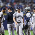 Jul 8, 2026; St. Petersburg, Florida, USA; New York Yankees starting pitcher Gerrit Cole (45) leaves the game against the Tampa Bay Rays in the seventh inning at Tropicana Field. Mandatory Credit: Nathan Ray Seebeck-Imagn Images