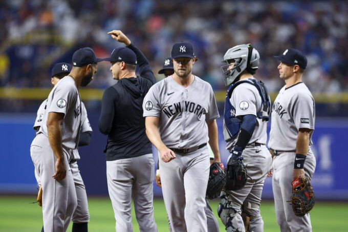 Jul 8, 2026; St. Petersburg, Florida, USA; New York Yankees starting pitcher Gerrit Cole (45) leaves the game against the Tampa Bay Rays in the seventh inning at Tropicana Field. Mandatory Credit: Nathan Ray Seebeck-Imagn Images