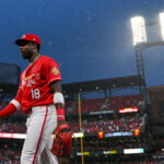 Jul 10, 2026; St. Louis, Missouri, USA; St. Louis Cardinals right fielder Jordan Walker (18) walks off the field during a weather delay in the fourth inning of a game against the Atlanta Braves at Busch Stadium. Mandatory Credit: Jeff Curry-Imagn Images