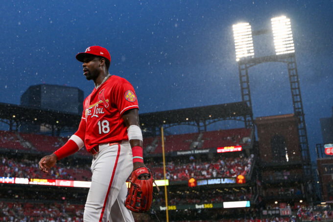 Jul 10, 2026; St. Louis, Missouri, USA; St. Louis Cardinals right fielder Jordan Walker (18) walks off the field during a weather delay in the fourth inning of a game against the Atlanta Braves at Busch Stadium. Mandatory Credit: Jeff Curry-Imagn Images