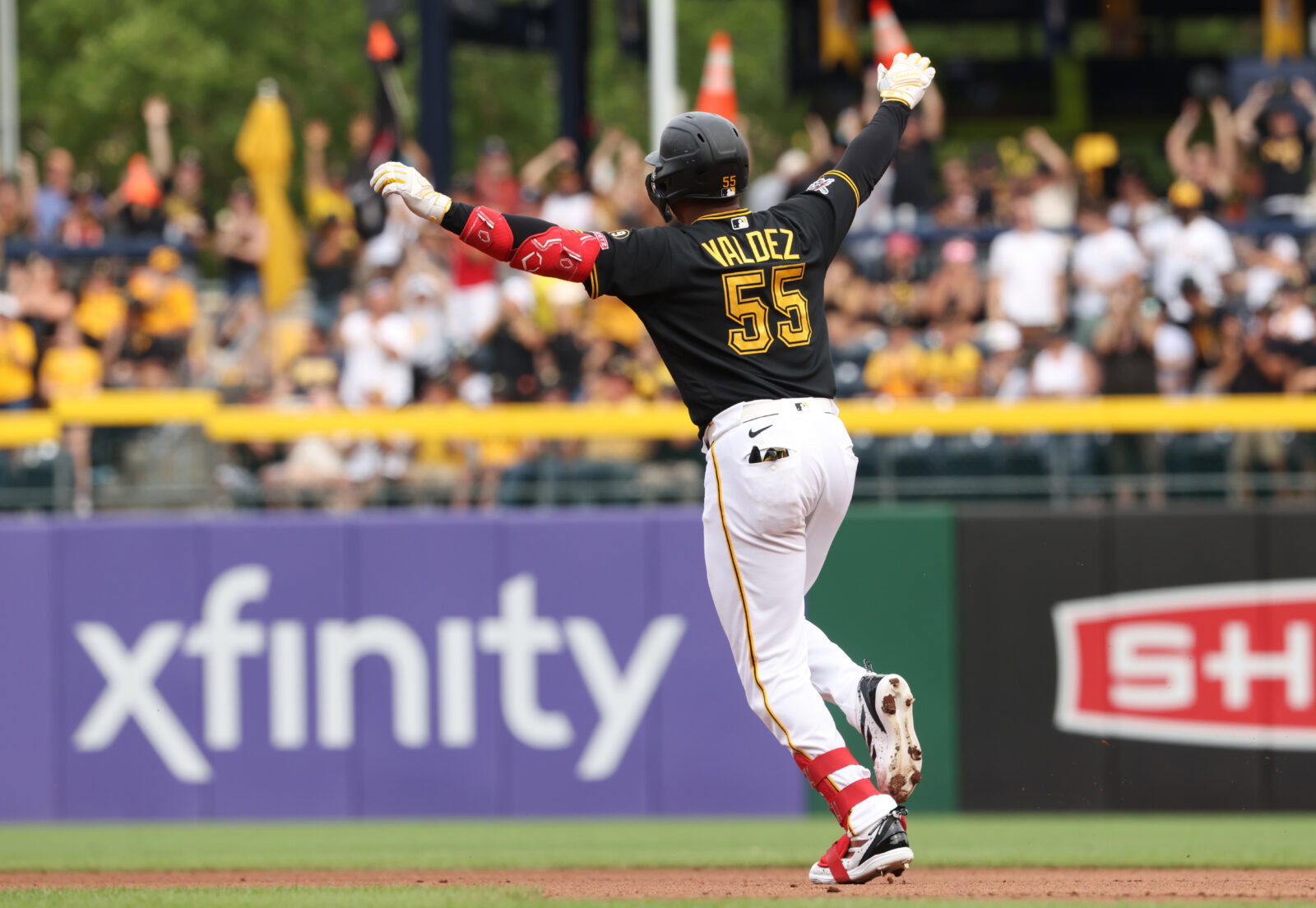 Jul 11, 2026; Pittsburgh, Pennsylvania, USA; Pittsburgh Pirates right fielder Esmerlyn Valdez (55) circles the bases on a two-run home run against the Milwaukee Brewers during the fourth inning at PNC Park. Mandatory Credit: Charles LeClaire-Imagn Images