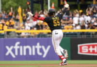 Jul 11, 2026; Pittsburgh, Pennsylvania, USA; Pittsburgh Pirates right fielder Esmerlyn Valdez (55) circles the bases on a two-run home run against the Milwaukee Brewers during the fourth inning at PNC Park. Mandatory Credit: Charles LeClaire-Imagn Images