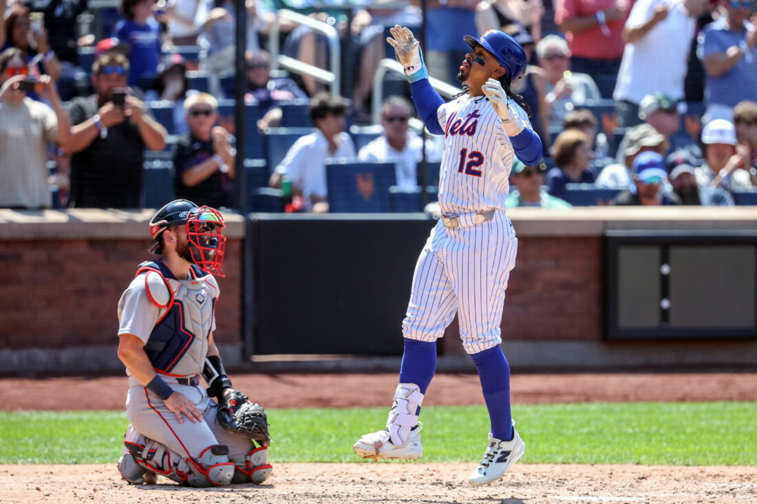 Jul 12, 2026; New York City, New York, USA; New York Mets shortstop Francisco Lindor (12) celebrates after hitting a solo home run in the sixth inning against the Boston Red Sox at Citi Field. Mandatory Credit: Wendell Cruz-Imagn Images