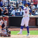 Jul 12, 2026; New York City, New York, USA; New York Mets shortstop Francisco Lindor (12) celebrates after hitting a solo home run in the sixth inning against the Boston Red Sox at Citi Field. Mandatory Credit: Wendell Cruz-Imagn Images