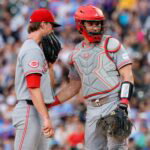 Jul 17, 2026; Denver, Colorado, USA; Cincinnati Reds starting pitcher Brady Singer (51) and catcher Tyler Stephenson (37) in the fifth inning against the Colorado Rockies at Coors Field. Mandatory Credit: Isaiah J. Downing-Imagn Images