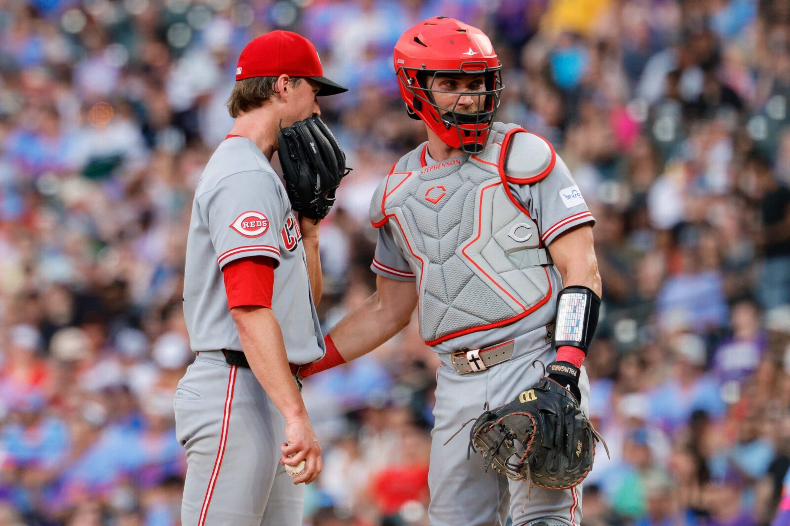 Jul 17, 2026; Denver, Colorado, USA; Cincinnati Reds starting pitcher Brady Singer (51) and catcher Tyler Stephenson (37) in the fifth inning against the Colorado Rockies at Coors Field. Mandatory Credit: Isaiah J. Downing-Imagn Images