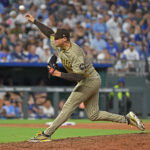 Jul 17, 2026; Kansas City, Missouri, USA; San Diego Padres relief pitcher Mason Miller (22) throws a pitch in the ninth inning against the Kansas City Royals at Kauffman Stadium. Mandatory Credit: Peter Aiken-Imagn Images