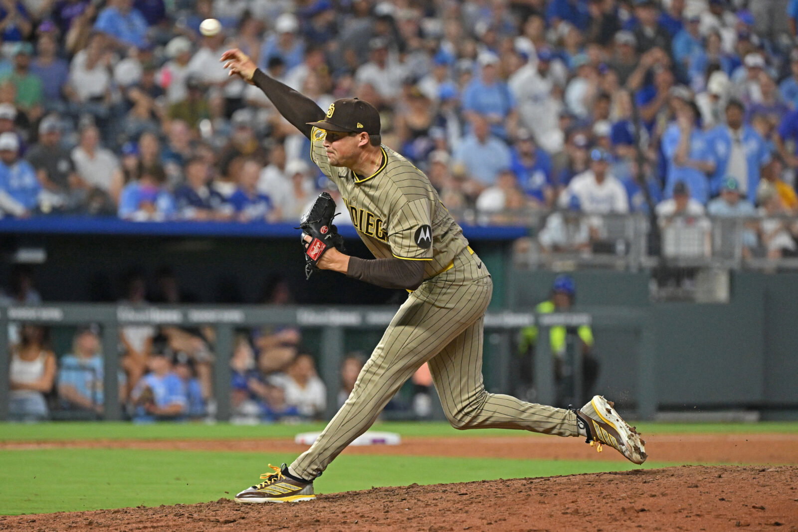 Jul 17, 2026; Kansas City, Missouri, USA; San Diego Padres relief pitcher Mason Miller (22) throws a pitch in the ninth inning against the Kansas City Royals at Kauffman Stadium. Mandatory Credit: Peter Aiken-Imagn Images