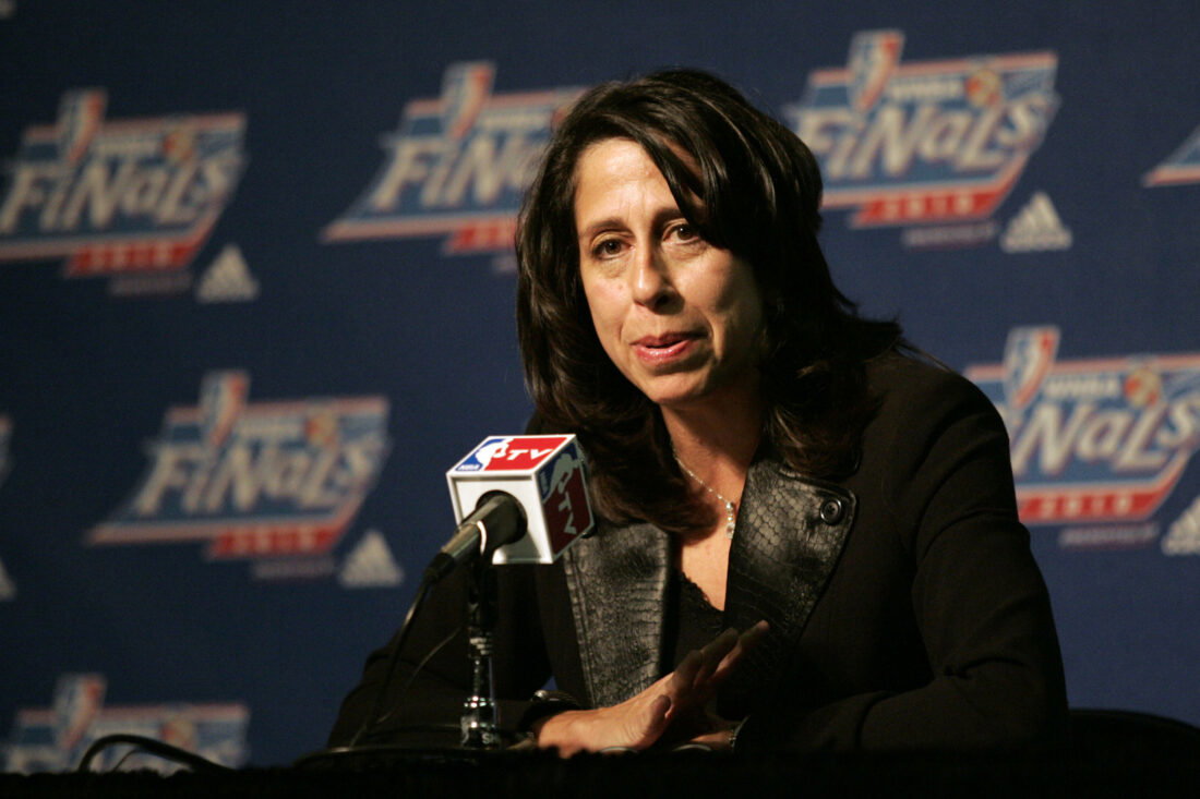 September 12, 2010, Seattle, WA, USA; WNBA president Donna Orender addresses the media before game one of the Finals between the Atlanta Dream and the Seattle Storm at Key Arena. Mandatory Credit: Joe Nicholson-USA TODAY Sports