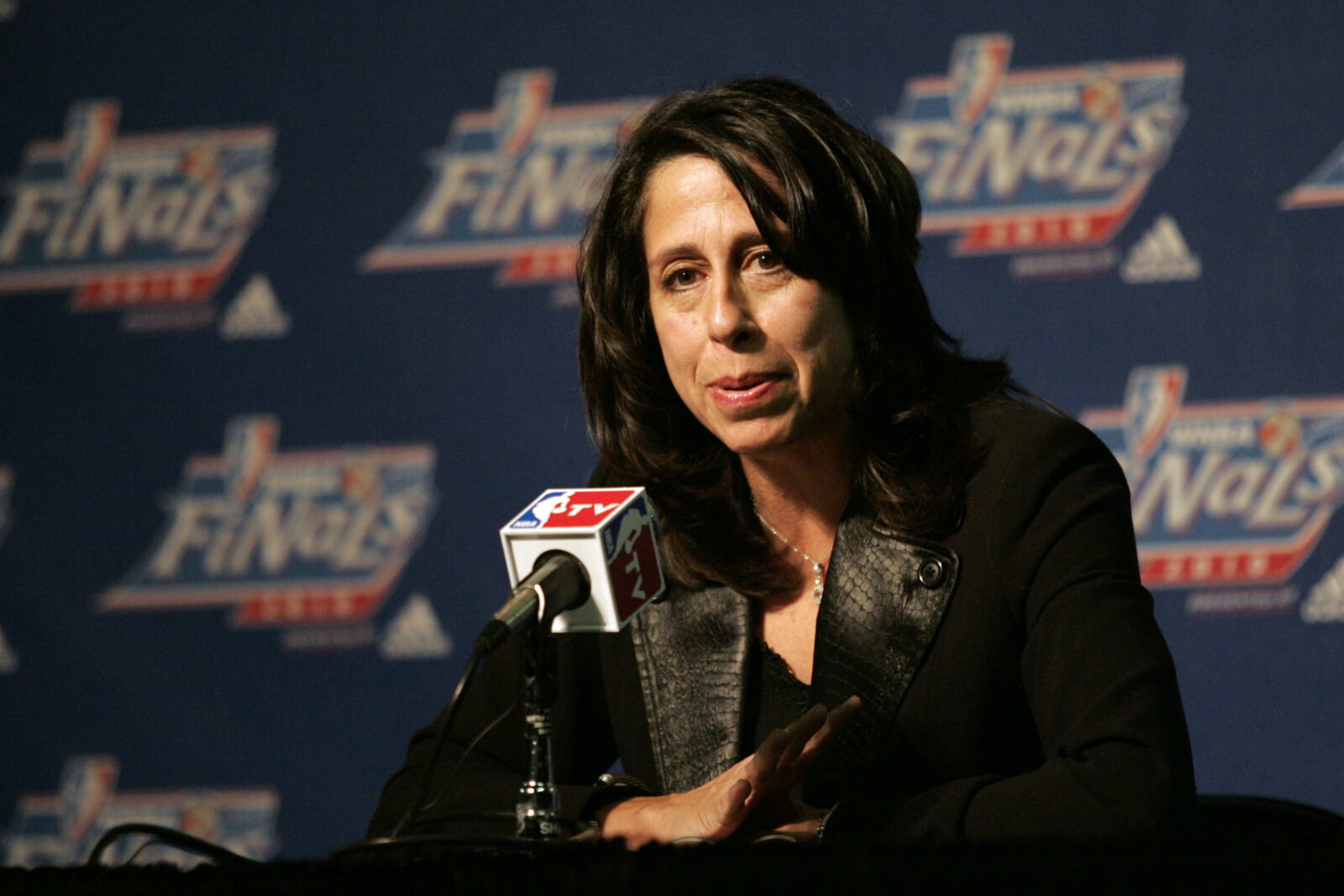 September 12, 2010, Seattle, WA, USA; WNBA president Donna Orender addresses the media before game one of the Finals between the Atlanta Dream and the Seattle Storm at Key Arena. Mandatory Credit: Joe Nicholson-USA TODAY Sports