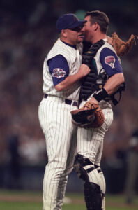 2001; USA; FILE PHOTO; Arizona Diamondbacks pitcher Greg Swindell talks to catcher Damian Miller on the field against the New York Yankees during the 2001 World Series. Mandatory Credit: VJ Lovero-USA TODAY NETWORK