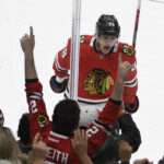 Nov 7, 2019; Chicago, IL, USA; Chicago Blackhawks right wing Patrick Kane (88) celebrates after scoring a goal against the Vancouver Canucks during the third period at United Center. Mandatory Credit: David Banks-USA TODAY Sports
