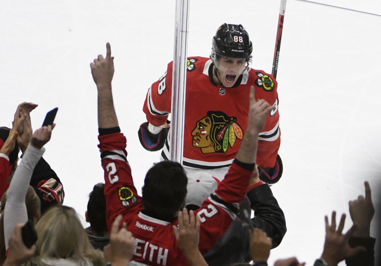 Nov 7, 2019; Chicago, IL, USA; Chicago Blackhawks right wing Patrick Kane (88) celebrates after scoring a goal against the Vancouver Canucks during the third period at United Center. Mandatory Credit: David Banks-USA TODAY Sports