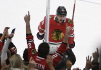 Nov 7, 2019; Chicago, IL, USA; Chicago Blackhawks right wing Patrick Kane (88) celebrates after scoring a goal against the Vancouver Canucks during the third period at United Center. Mandatory Credit: David Banks-USA TODAY Sports