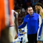 Duke University Head Coach Mike Kryzewski speaks with his players during their game against California State Fullerton during the NCAA Men's Division I Basketball Tournament at the Bon Secours Wellness Arena Friday, March 18, 2022.