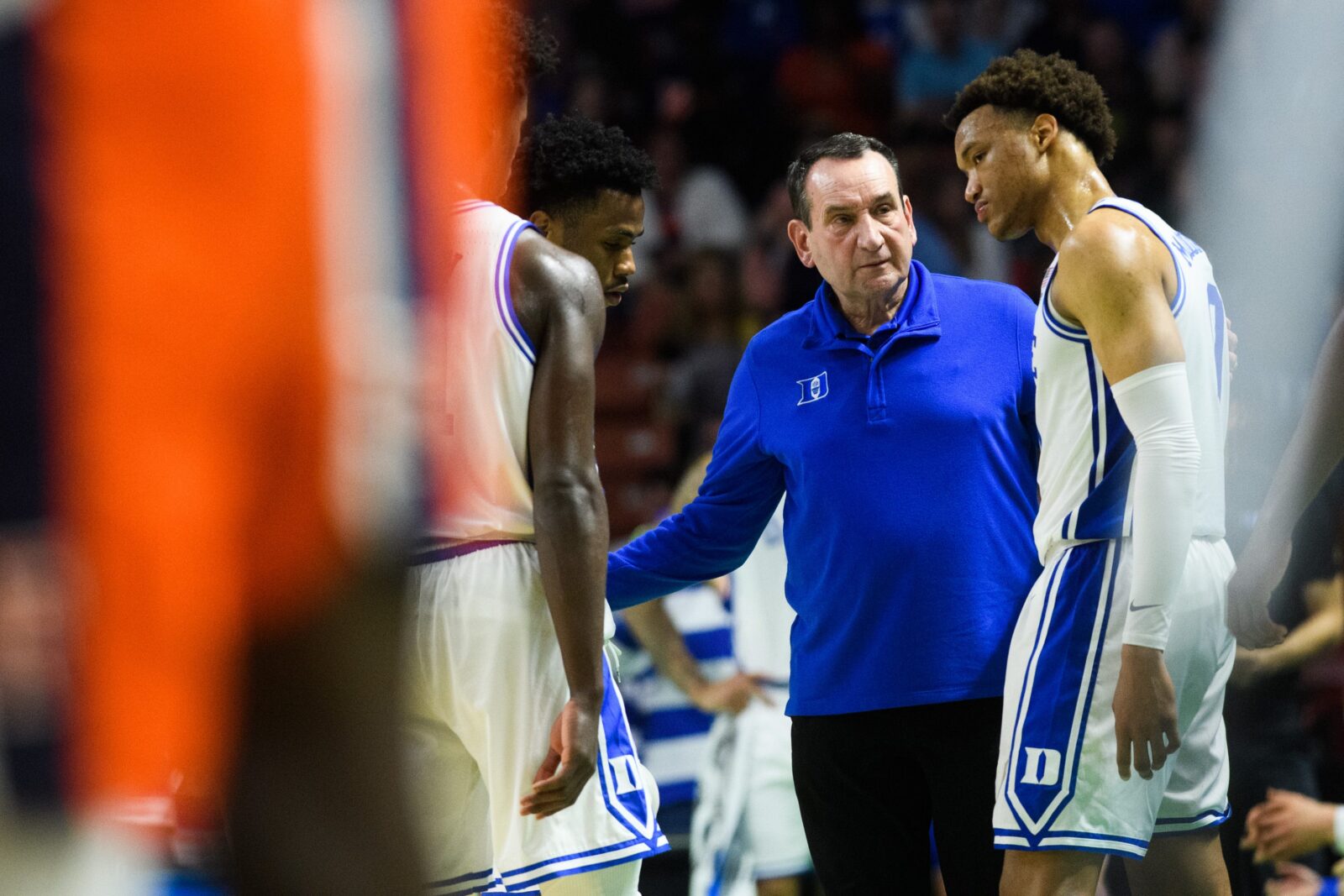 Duke University Head Coach Mike Kryzewski speaks with his players during their game against California State Fullerton during the NCAA Men's Division I Basketball Tournament at the Bon Secours Wellness Arena Friday, March 18, 2022.