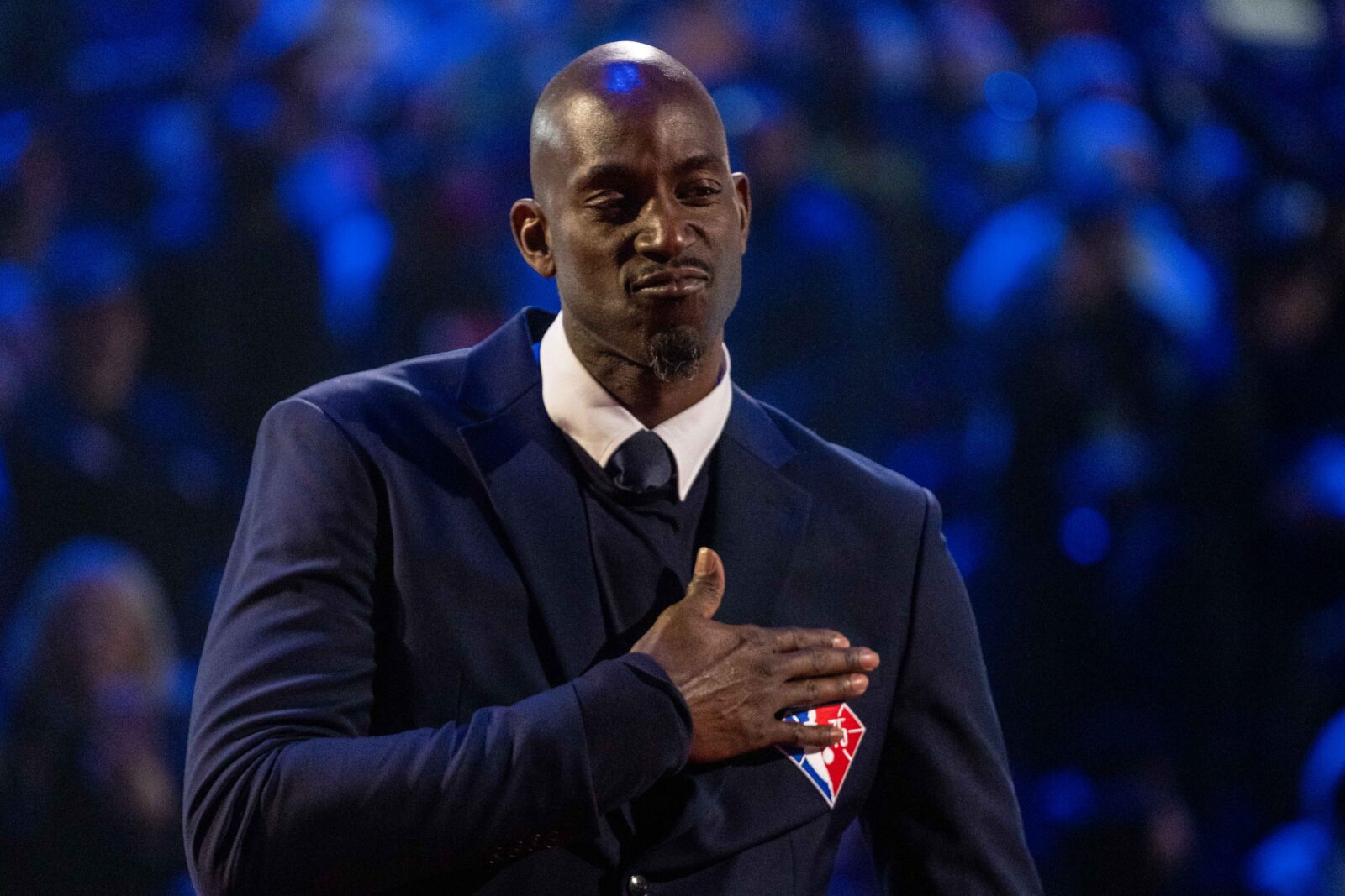 February 20, 2022; Cleveland, Ohio, USA; NBA great Kevin Garnett is honored for being selected to the NBA 75th Anniversary Team during halftime in the 2022 NBA All-Star Game at Rocket Mortgage FieldHouse. Mandatory Credit: Kyle Terada-USA TODAY Sports