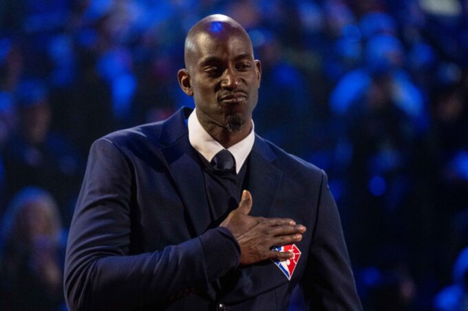 February 20, 2022; Cleveland, Ohio, USA; NBA great Kevin Garnett is honored for being selected to the NBA 75th Anniversary Team during halftime in the 2022 NBA All-Star Game at Rocket Mortgage FieldHouse. Mandatory Credit: Kyle Terada-USA TODAY Sports