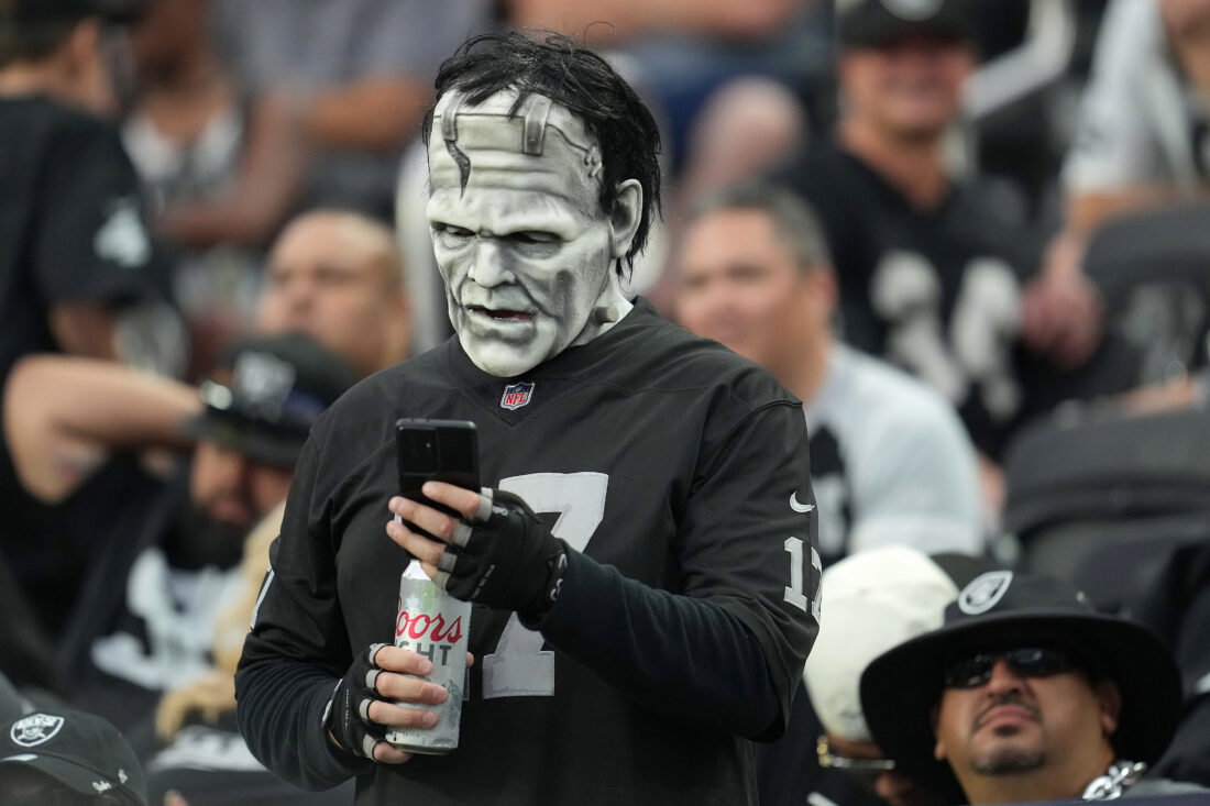 Aug 14, 2022; Paradise, Nevada, USA; A Las Vegas Raiders fan checks his phone during a preseason game between the Raiders and the Minnesota Vikings at Allegiant Stadium. Mandatory Credit: Stephen R. Sylvanie-USA TODAY Sports