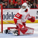 Oct 1, 2022; Chicago, Illinois, USA; Detroit Red Wings goaltender Sebastian Cossa (33) defends the net against the Chicago Blackhawks at United Center. Mandatory Credit: Jamie Sabau-USA TODAY Sports