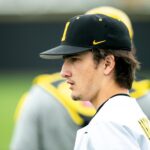 Iowa's Cade Obermueller warms up before a NCAA Big Ten Conference baseball game against Ohio State, Friday, May 5, 2023, at Duane Banks Field in Iowa City, Iowa. Credit: USA TODAY Network via Reuters Connect
